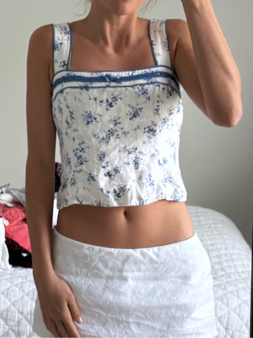 Reformation White and Blue Floral Square-Neck Tank